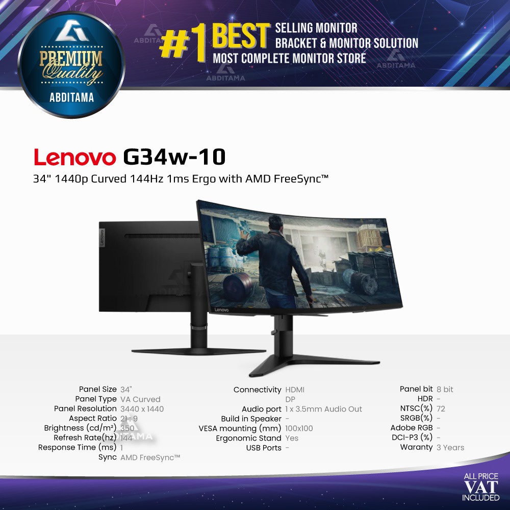 monitor led lenovo g34w10 g34w 10 34  curved 1440p 144hz hdmi dp ergo