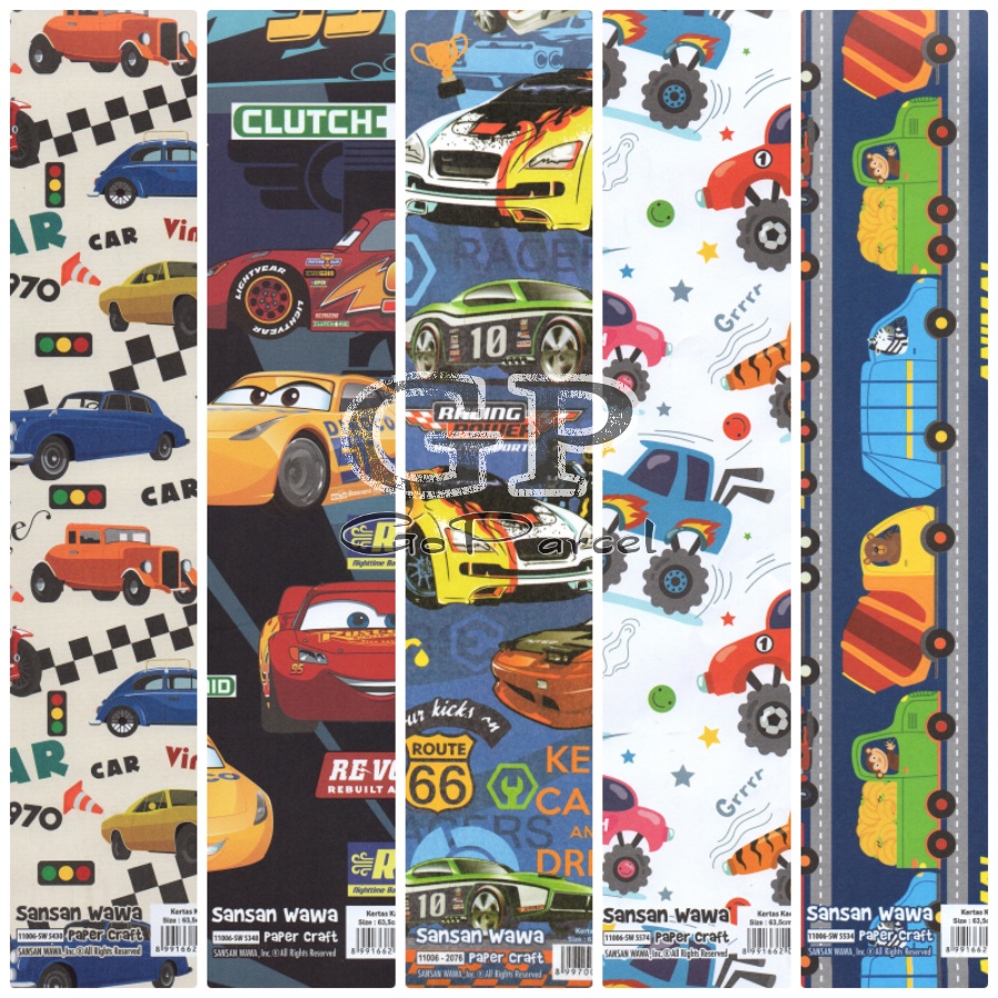 ( 5 Lembar ) CARS SANWA - KERTAS KADO  - GIFT WRAP PAPER  SANSAN WAWA MOBIL RACING RACE CARS  BOYS TRUCK / HOTWHEEL / CONSTRUCTION / POLICE / VINTAGE / CLASSIC / AMBULANCE / MONSTER / BIG