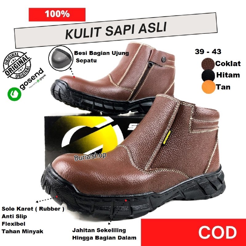 Sepatu Safety Pria Kulit Sapi Asli Original Ujung Besi Baja Safty Shoes Septi Proyek Sefty Lapangan Industry Tanpa Tali Slop Selop Spatu Kitchen Zipper Boots BS