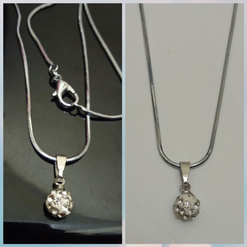 kalung RHODHIUM+Liontin bola disco SILVER uk45cm dengan mata zircon.