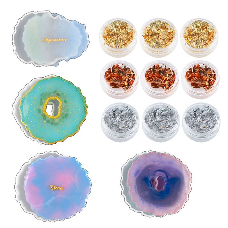 SIY  4Pcs Irregular Wave Shape Silicone Geode Coaster Resin Molds with Foil Flakes