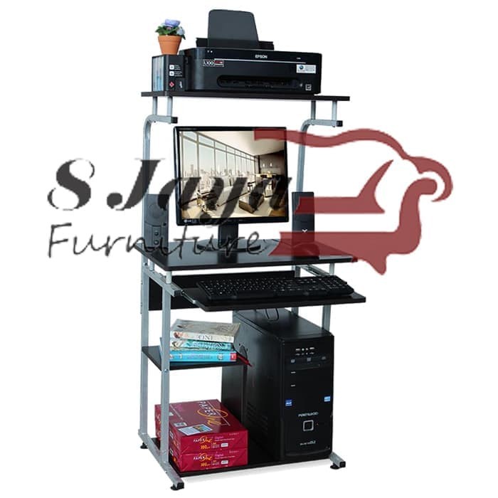 Pinaplepan Meja Komputer Minimalis Huga 905 Walnut Rak Laptop Rangka Besi Kokoh - Hitam