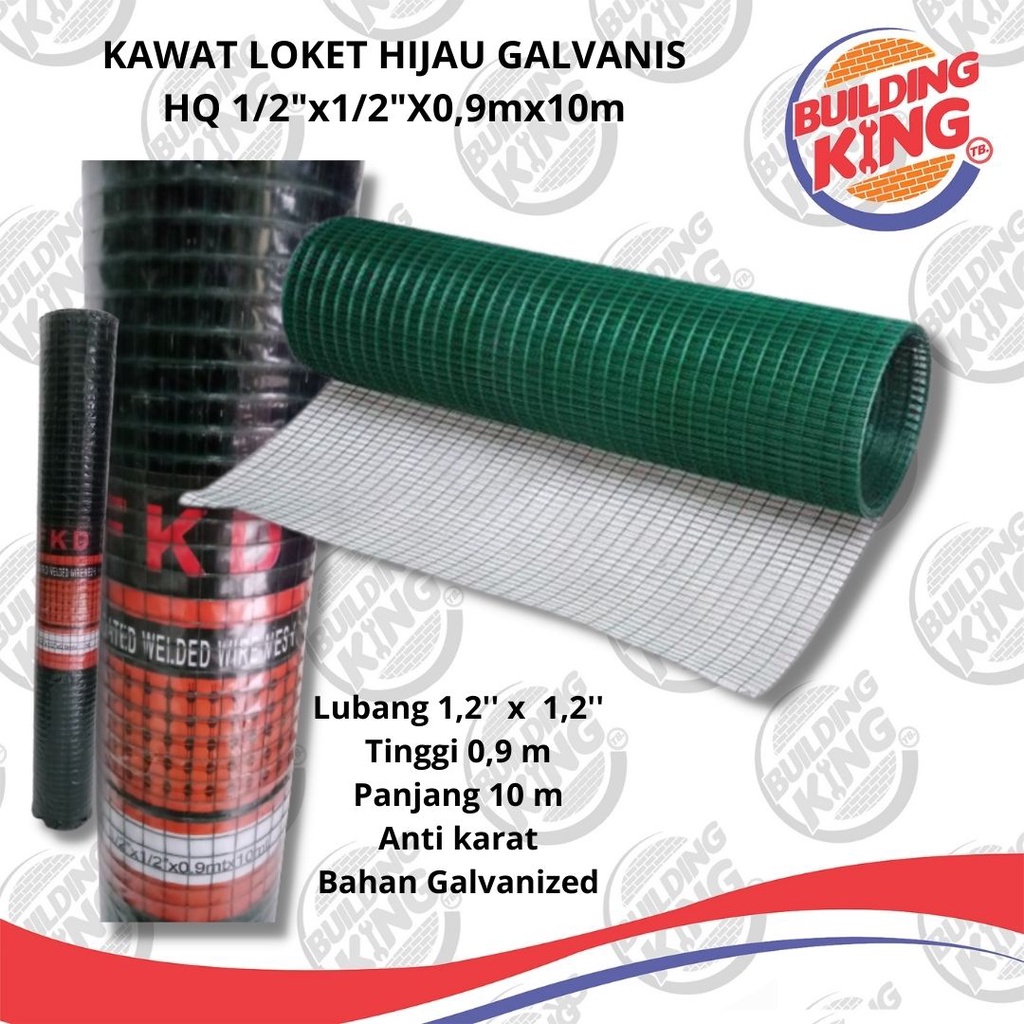 Ram Kawat Loket PVC Hijau Kotak 1/2" Per Rol 10 m