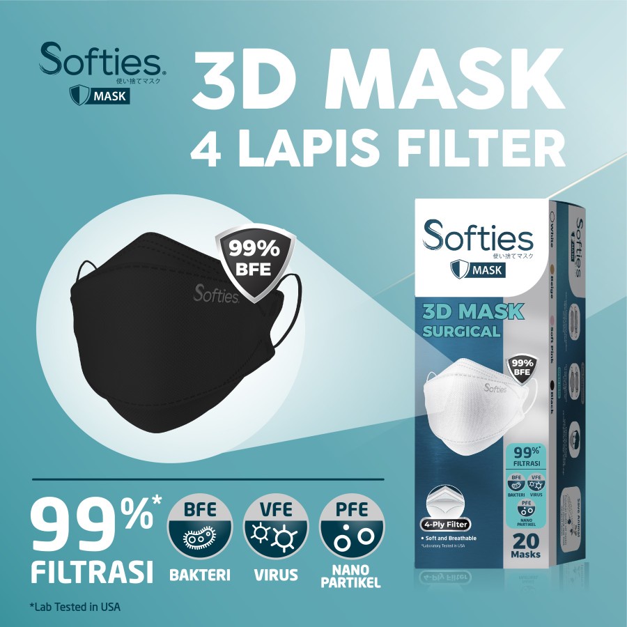 Softies 3D Surgical Mask 4-Ply Masker Wajah Warna Hitam 20s