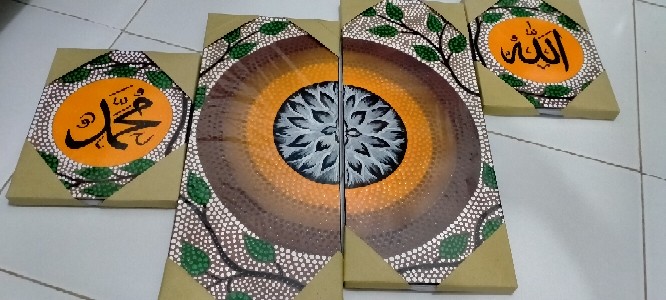 Lukisan Kaligrafi Allah Muhammad Daun Circle Orange Full Dot Paint