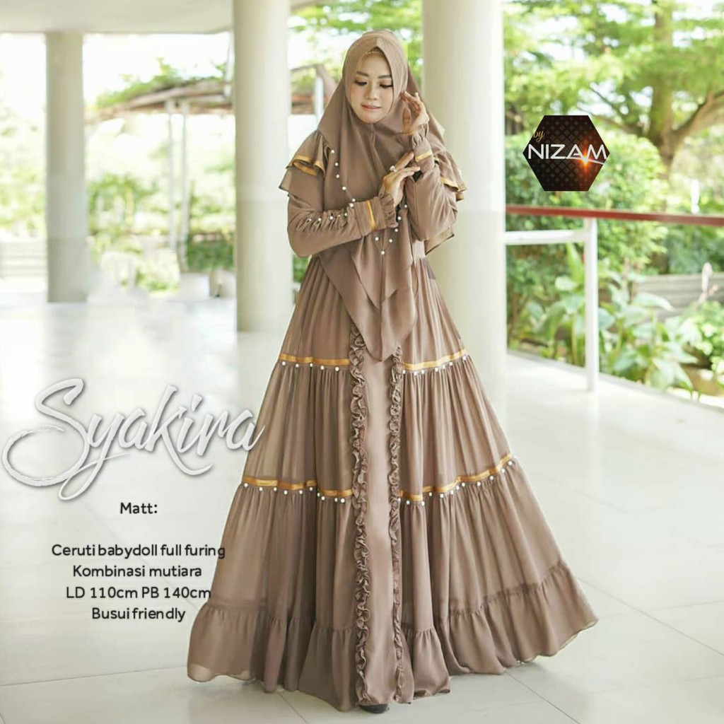 GAMIS SYARI SYAKIRA, CANTIK DAN ANGGUN ORIGINAL NIZAM, CERUTY BABYDOLL FULLFURING, BUSUI + KHIMAR