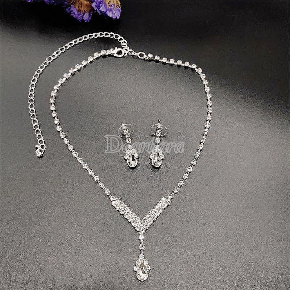 2Pcs / Set Perhiasan Kalung Rantai Silver Hias Berlian Imitasi untuk Pengantin Wanita