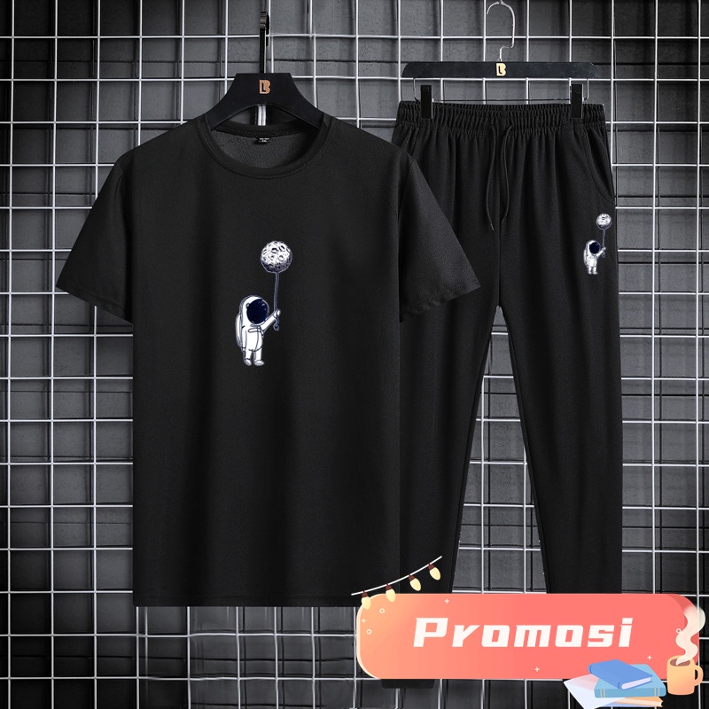 Kaos distro Astronot + Celana panjang pria olahraga setelan pria / baju olahraga pria kaos remaja  Set F07