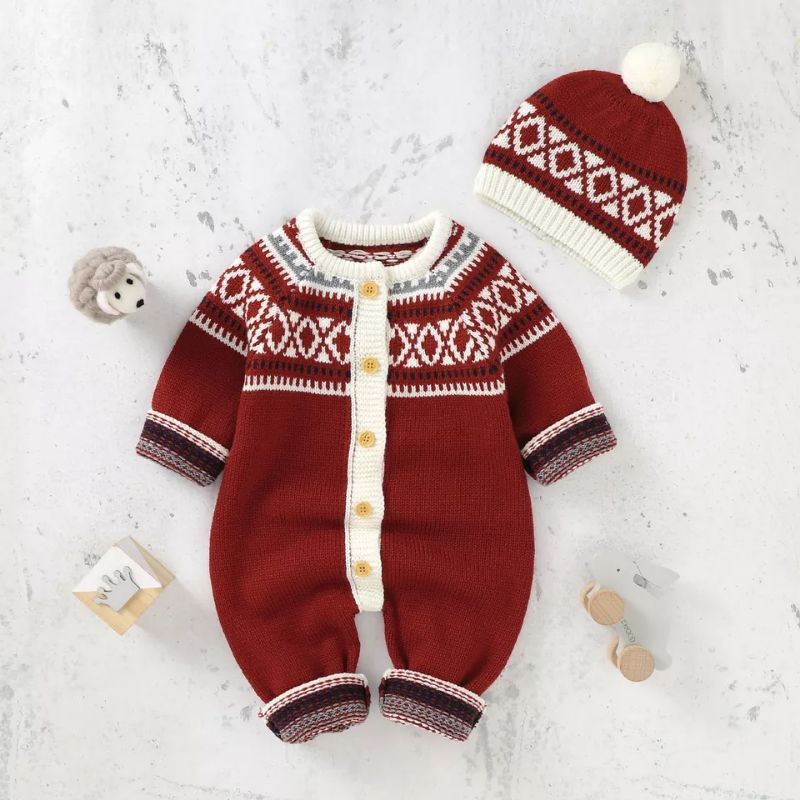 Jumper rajut kupluk jumpsuit bayi