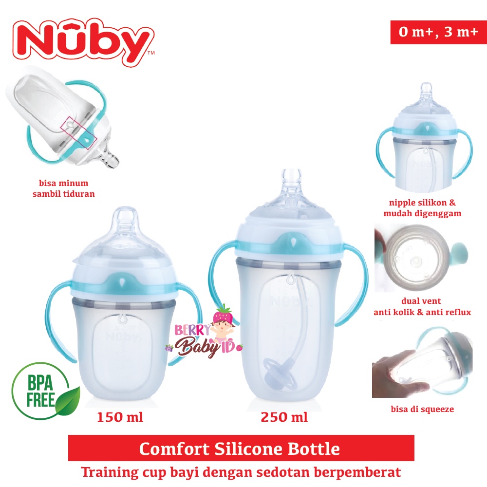 Nuby Comfort Silicone Slow Flow Bottle Botol Sedotan Bayi BPA Free 150ml 250ml Berry Mart