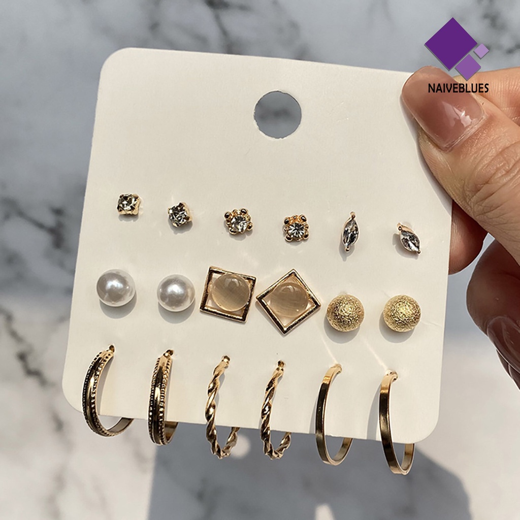 9 Pasang Anting Stud Mutiara Berlian Imitasi Bentuk Geometris Untuk Wanita