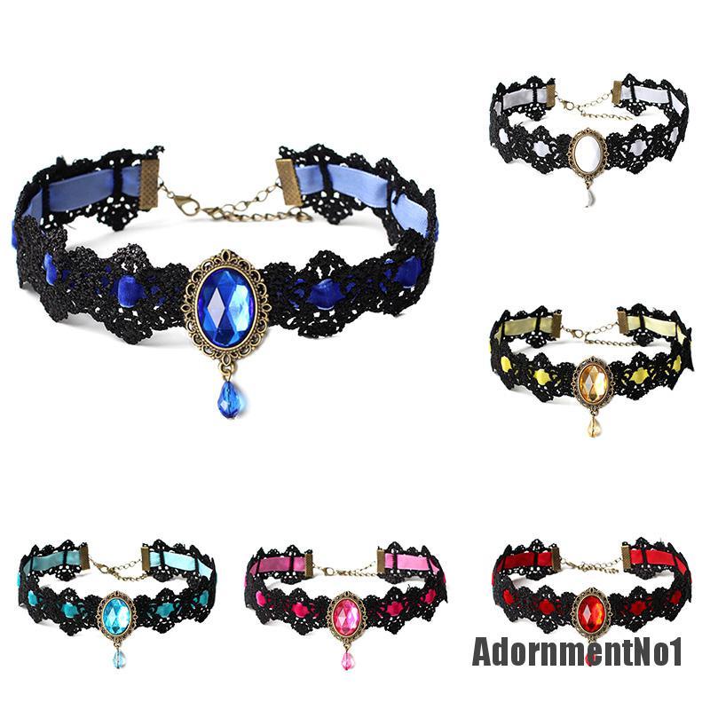 (Adornmentno1) Kalung Choker Lace Hitam Hias Kristal + Rantai Gaya Vintage / Gothic Untuk Wanita