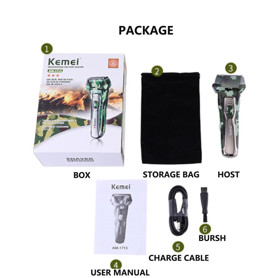 kemei elektric shaver waterproof dry wet km 1713