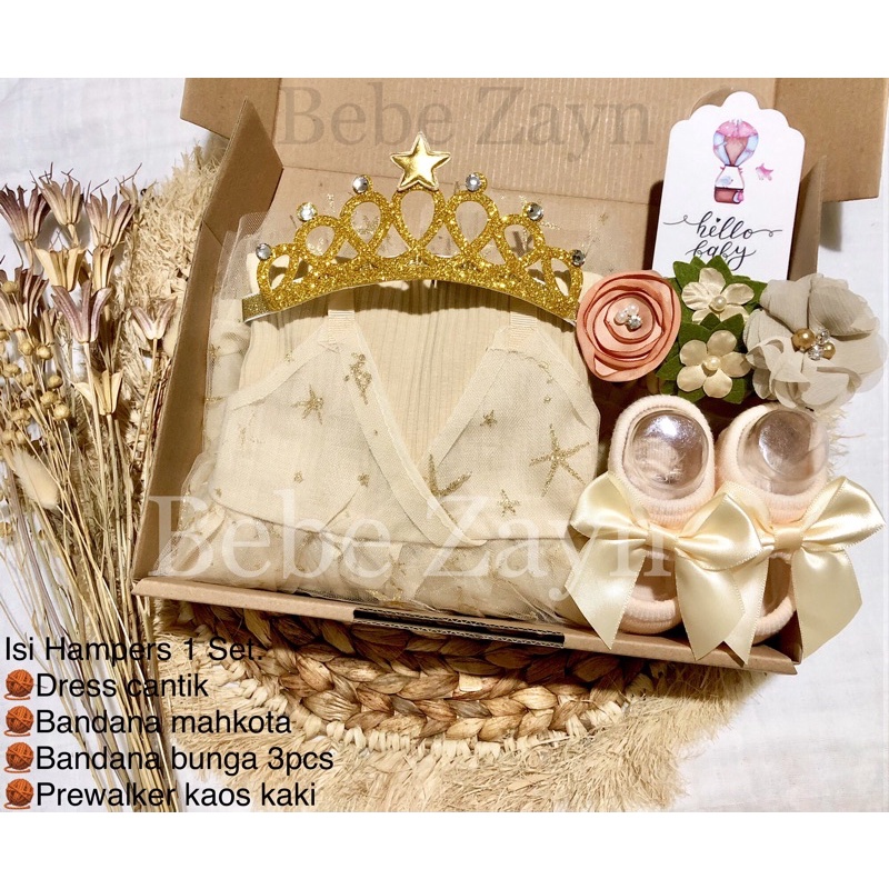 {BEBE ZAYN} Hampers baby/ hampers bayi/ baby gift/ kado bayi/ baby newborn/ Baby Girl/ Flowery Dress Set-Princess Stars Gold