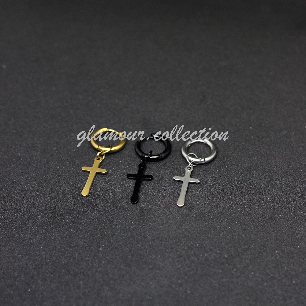 Anting Tindik Telinga Pria Titanium Model Bulat/Ring Bandul Salib Ala Kpop SILVER 10MM