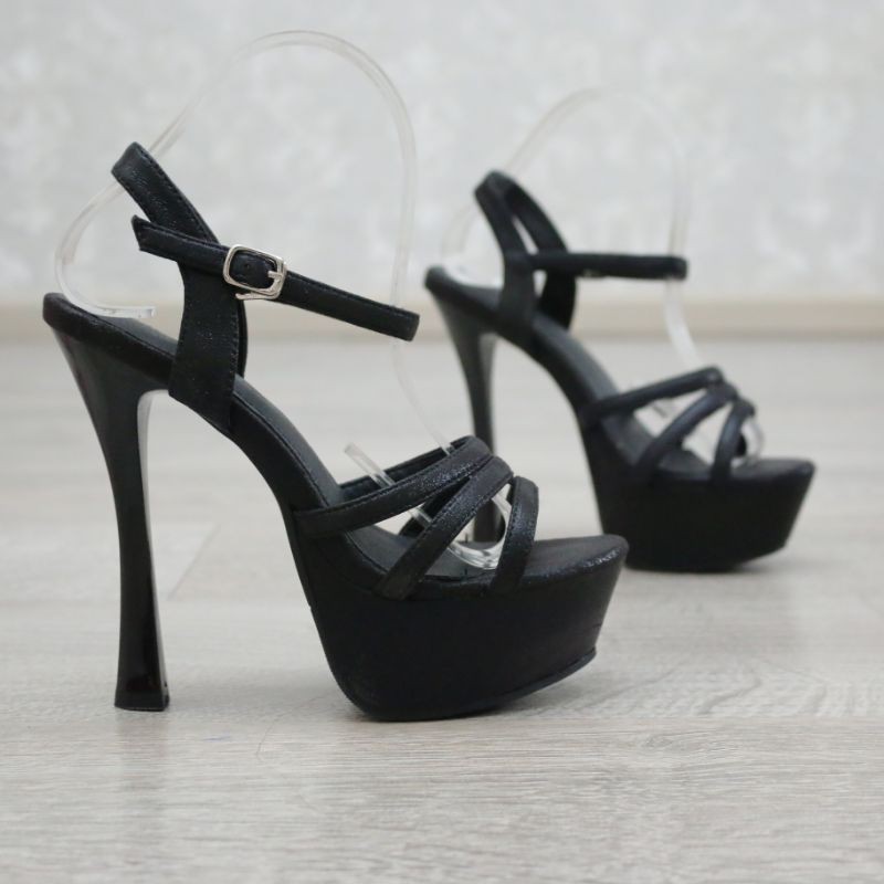 YKshoes 1598 strappy heels 15cm shoes import black cream sepatu hak tali tinggi stiletto glossy-Black