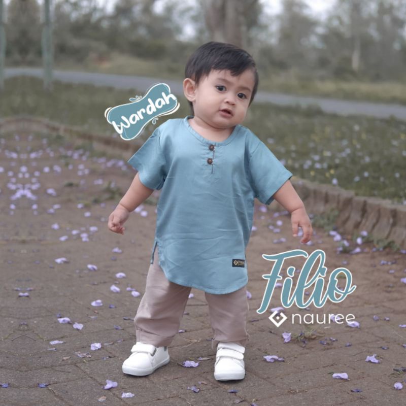 Nauree - Setelan Baju Bayi Filio Set Anak Laki Laki Casual Bahan Rayon Ukuran S M L  Usia 6 Bulan Sampai 6 Tahun Warna Peach Khaki Biru Kualiitas Premium Lembut Adem Untuk Jalan Jalan Polos Berkancing Celana Panjang Lembut Modern