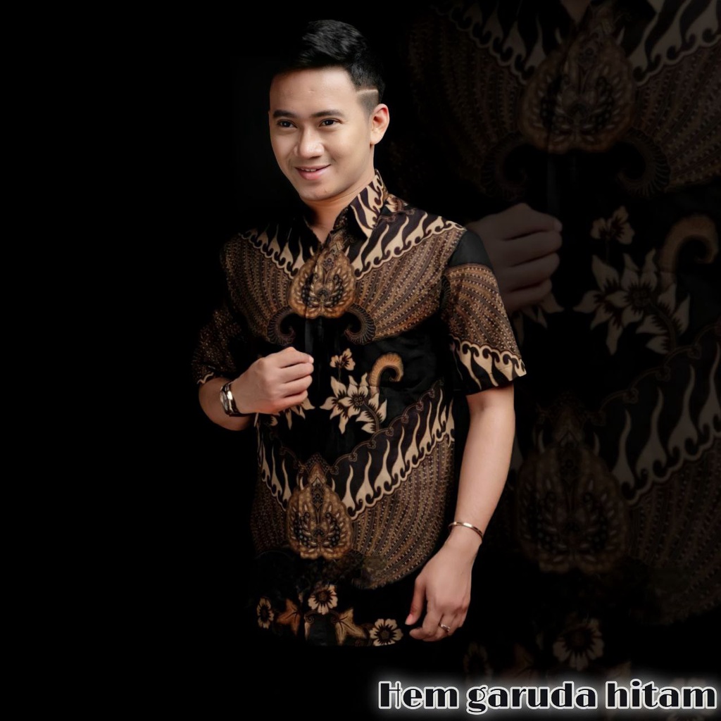Batik Pria Lengan Pendek  BATIK MURAH HRB026 motif TERBARU 2021 Kode 002 size M L XL XXL BIG SIZE 3L 4L 5L 6L Reguler Fit-HEM GARUDA HITAM