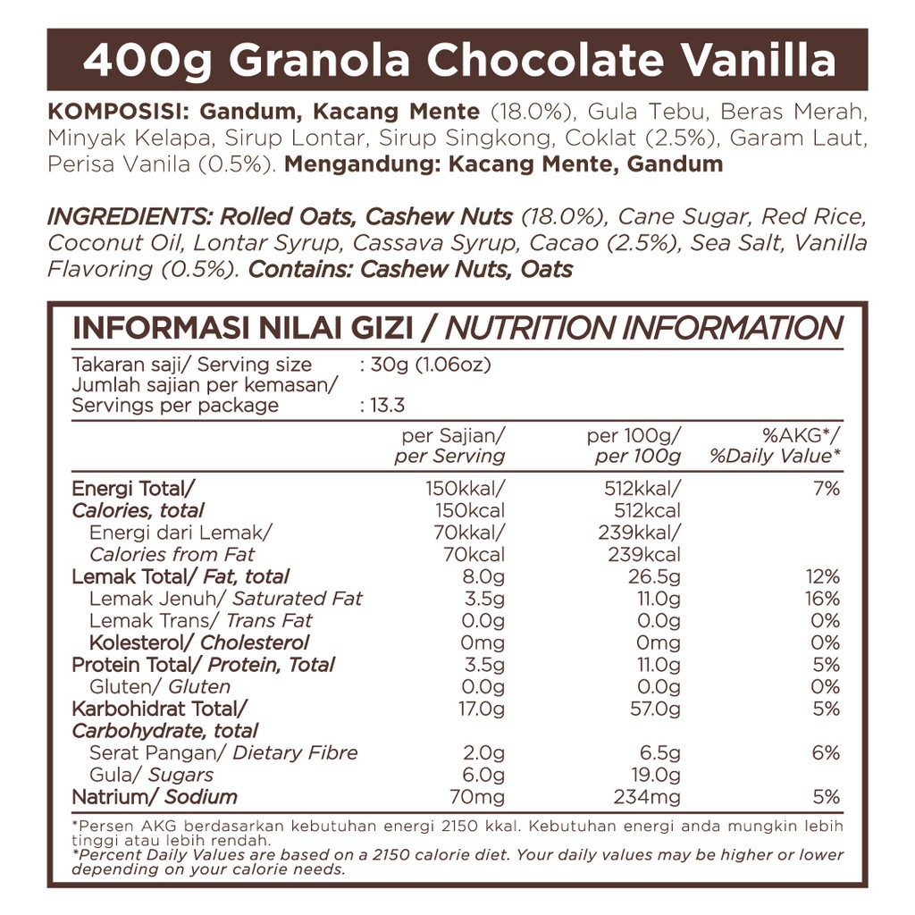 GRANOLA WITH CASHEWS - CHOCOLATE VANILLA 400 GR - EAST BALI CASHEWS (YAVA)