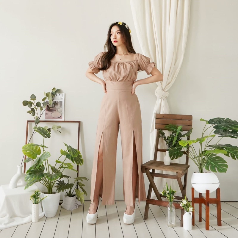 kode 3556 setelan wanita sabrina cute top atasan linen rami celana panjang army hijau cream coklat m