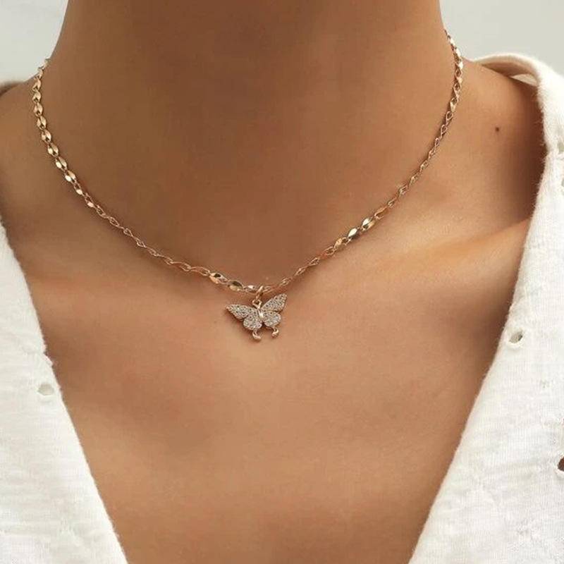 Kalung Rantai Liontin Kupu-Kupu Hias Kristal Imitasi Warna Silver / Emas Untuk Wanita