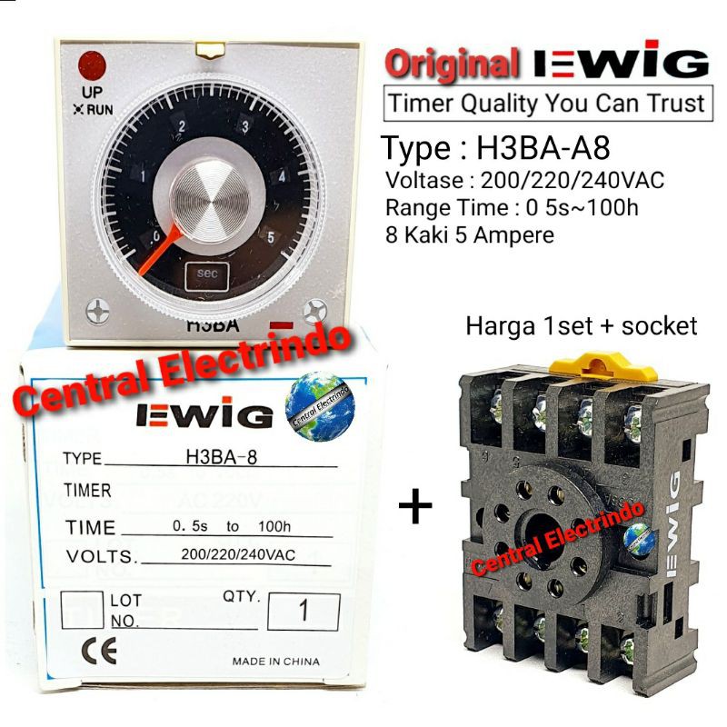 Timer H3BA-A8 200V~240VAC EWIG + Socket 8Pin EWIG.