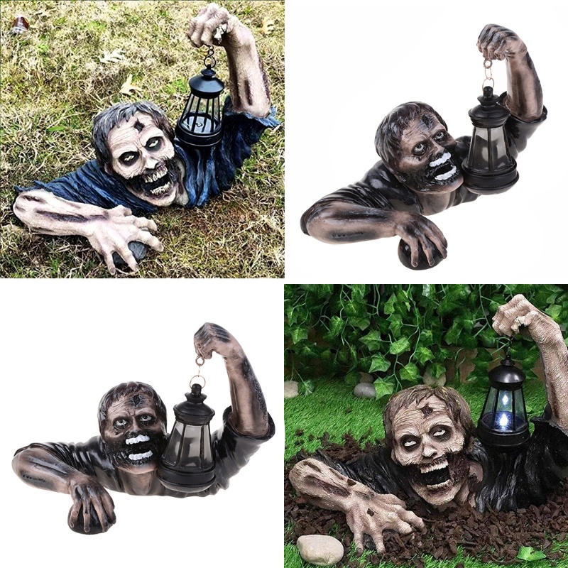 Ornamen Patung Zombie Taman Dengan Lentera Bahan Resin Untuk Halloween