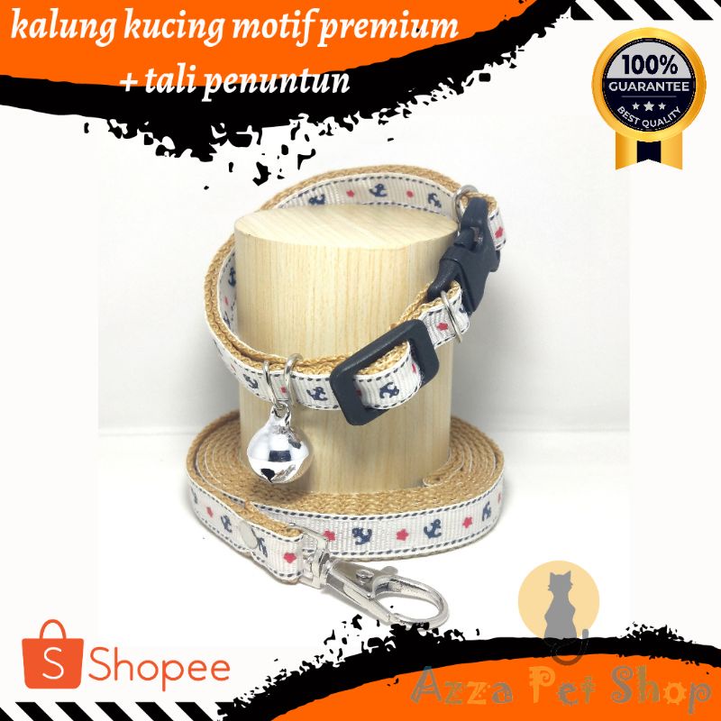 kalung kucing motif premium + tali penuntun / tali kalung kucing lonceng warna 14mm / kalung kucing