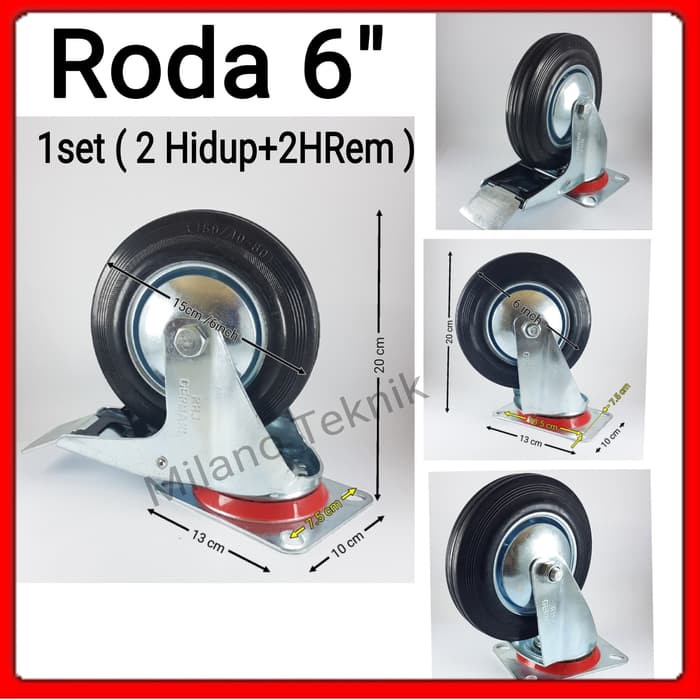 Roda troli 6 inch 1set (Hidup Rem+2Hidup) Roda Karet Roda gerobak