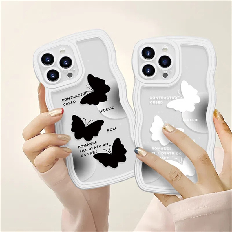 Soft Case Karet Tebal Shockproof Motif Kupu-Kupu Hitam Putih Untuk iPhone 14 13 12 11 Pro Max X Xr Xs Max 8 7 6 6s Plus