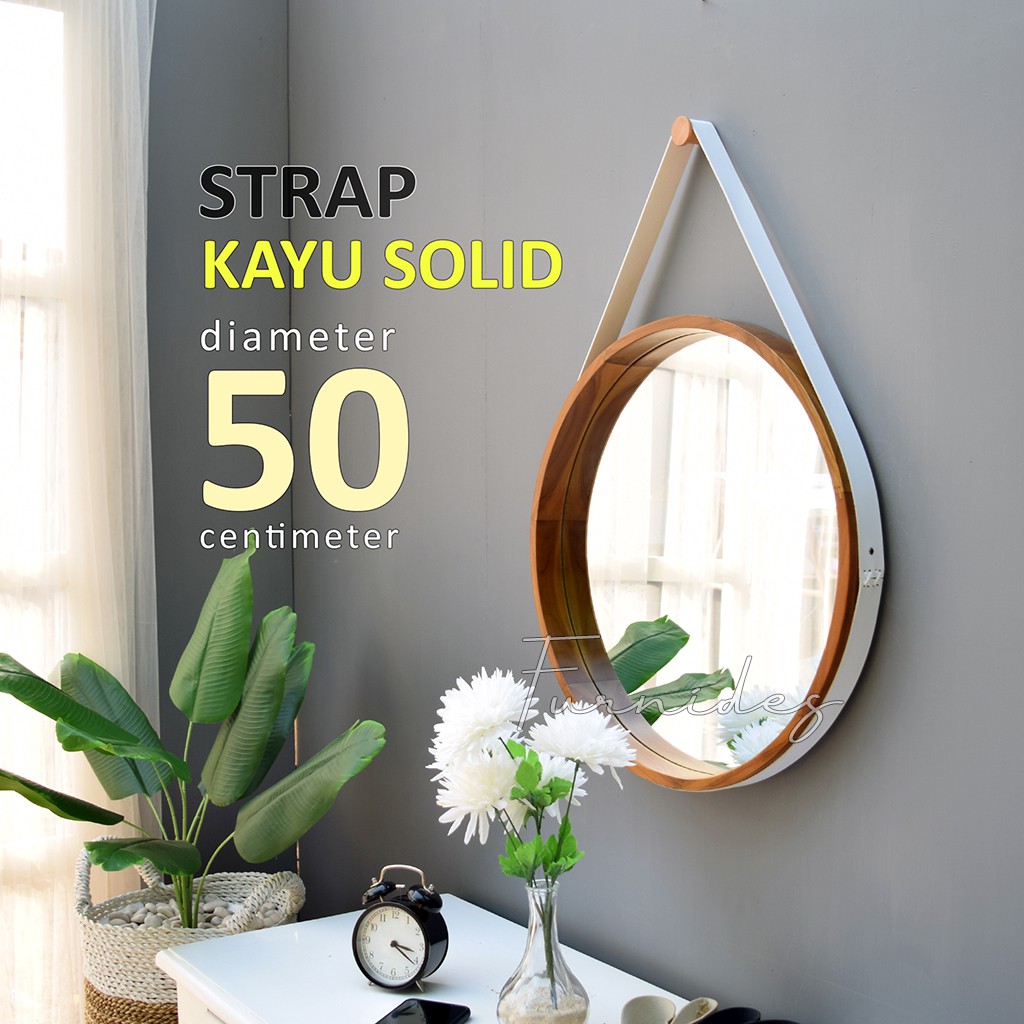 Cermin Bulat Diameter 50 cm Tali STRAP Frame KAYU Cermin Bulat Diameter 50 cm Tali STRAP Frame KAYU