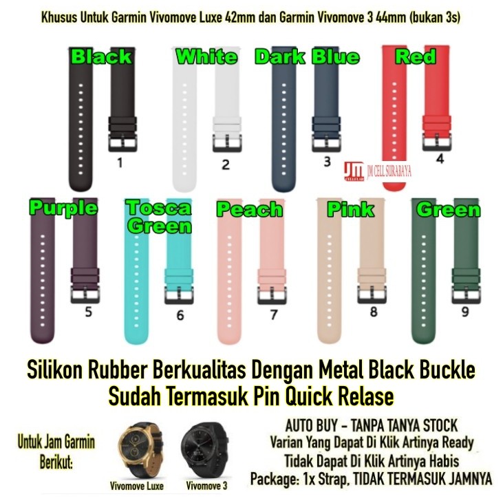P20Q Watch Strap Garmin Vivomove 3 44mm / Luxe 42mm - Tali Jam Tangan 20mm Rubber Silikon