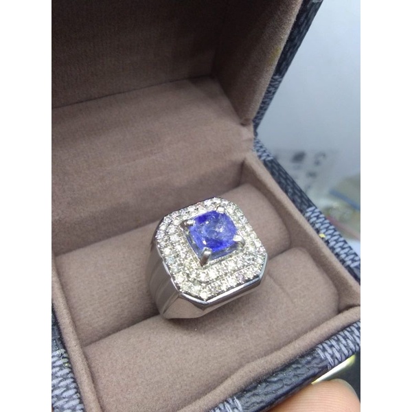 cincin full berlian eropa mata utama blue safir srilanka ring perak palladium ringsize 18/19