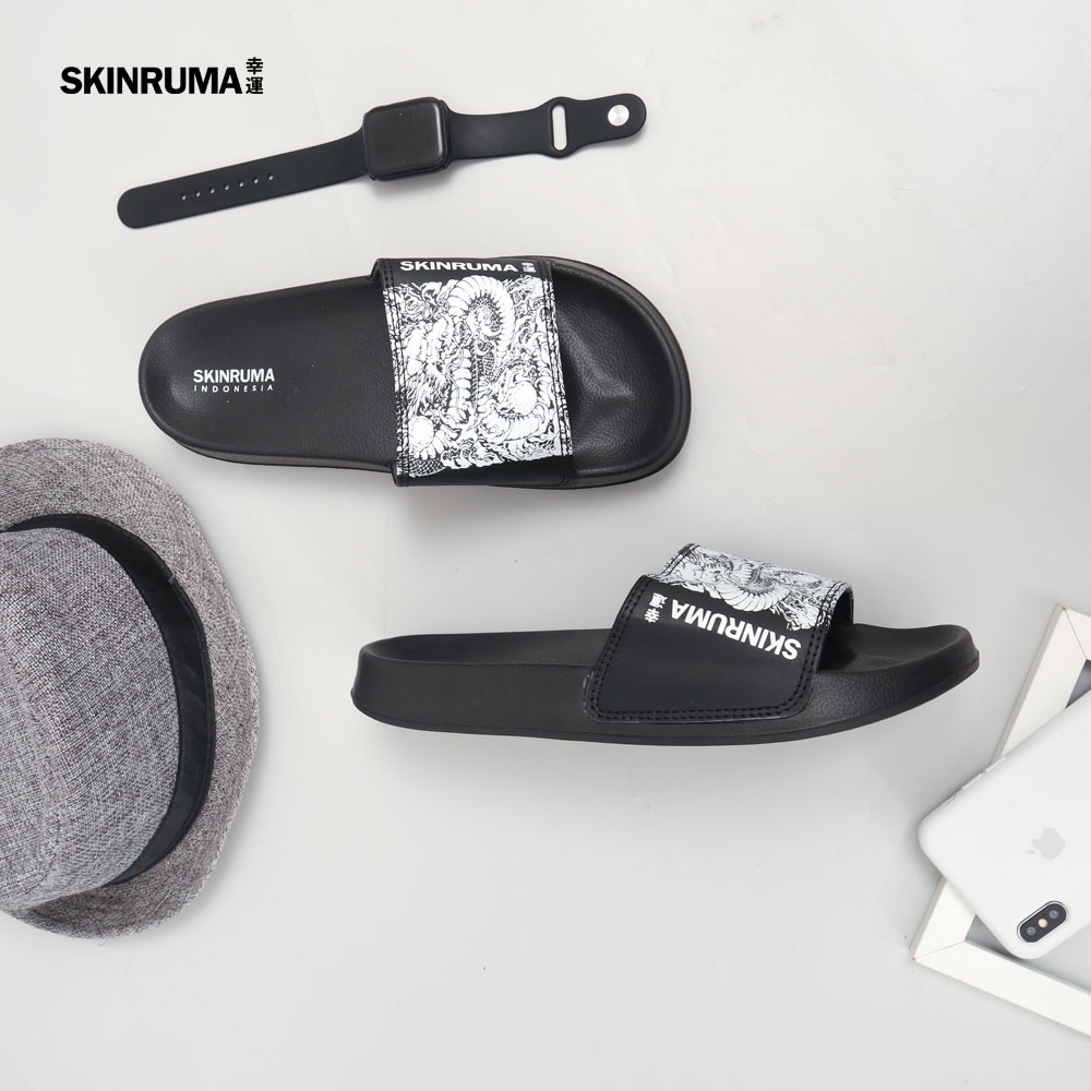 Sendal Selop Casual Pria SKINRUMA Japanesse White Dragon Hitam Putih / Sendal Slide Pria / Sendal Slip On Pria