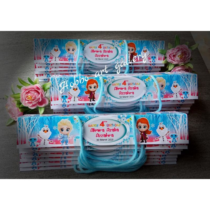 

A- Label Plastik Snack Ultah,Tas Ulangtahun karakter, Label Goodybag motif Frozen