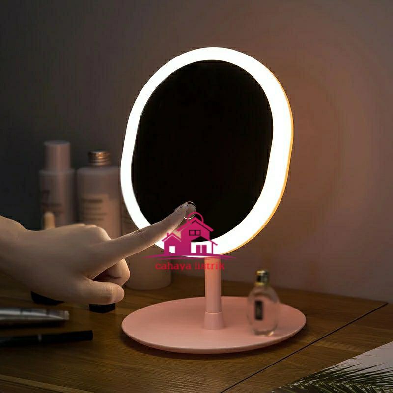 LED MIRROR CERMIN LAMPU TIDUR BULAT KACA RIAS DANDAN MAKEUP KOSMETIK PUTIH / PINK BAGUS TERANG