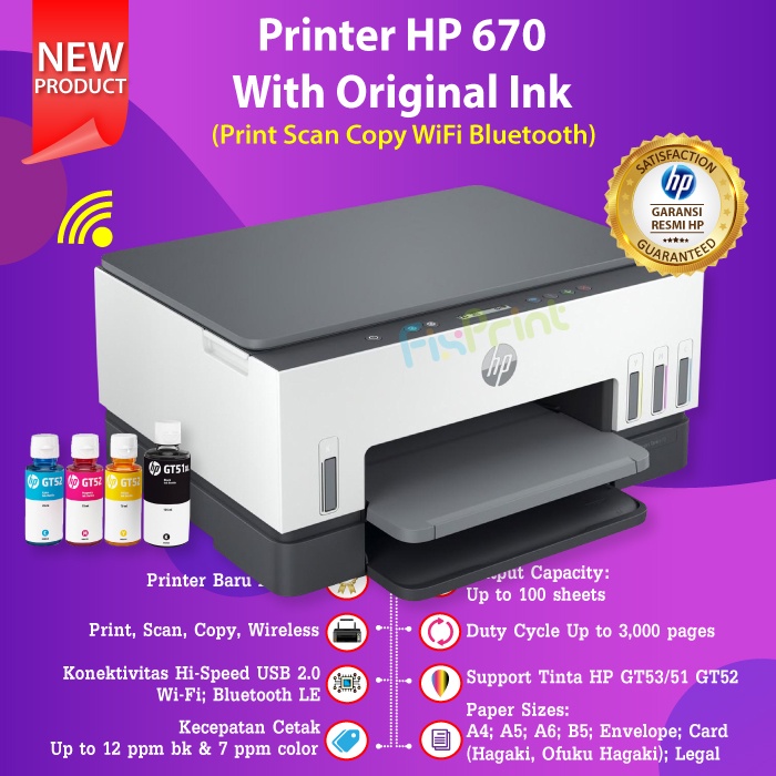 Printer HP Smart Tank 670 All in One Print Scan Copy WiFi Bluetooth