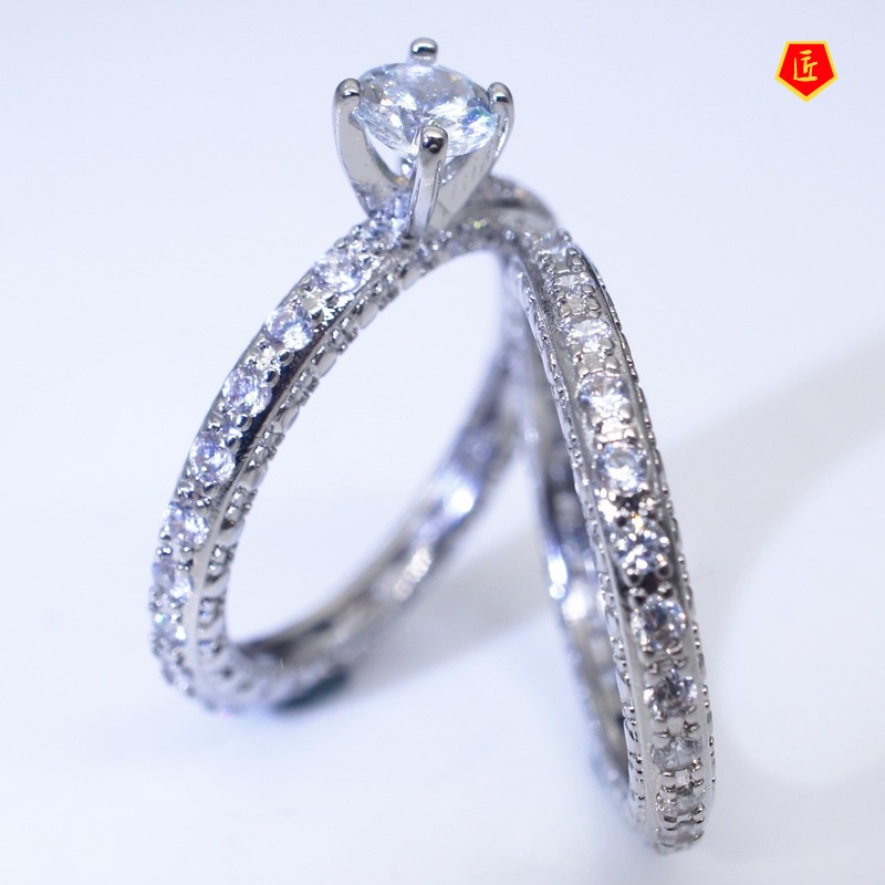 [Ready Stock]S925 Silver Full Diamond round Moissanite Ring Set Female