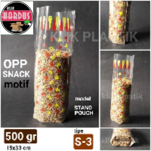 PLASTIK OPP SNACK 500GR STAND POUCH/PLASTIK KUE KERING/KEMASAN ROTI