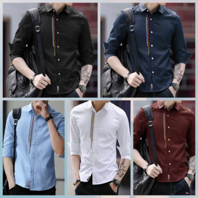 Promo Kemeja Terbaru Original Bordir garis Desain Kekinian Warna Hitam Navy Biru muda Putih Maroon