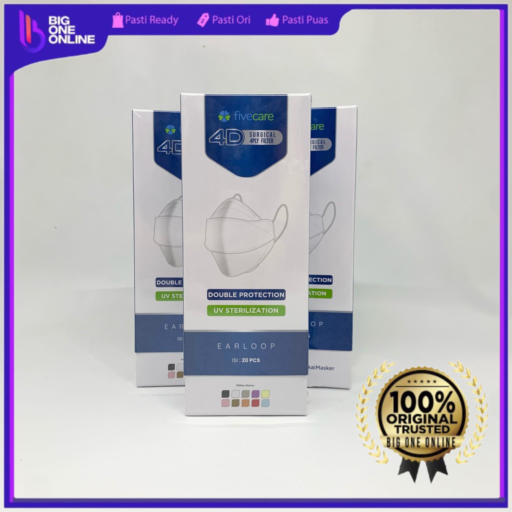 Masker 4D Medis FiveCare 4ply 20 Pcs, Masker Earloop Five Care 4 Ply, Plusmed Mask