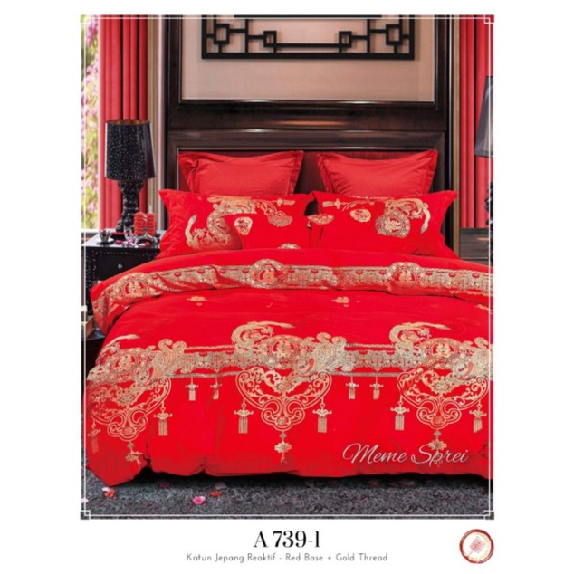 Sprei+Bedcover Chinese Wedding Katun Jepang Motif Suangxi Naga &amp; Hong