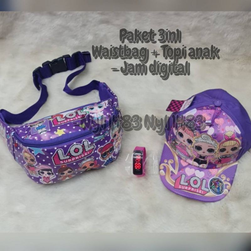 Paket 3in1 tas selempang waistbag + topi anak / jam tangan digital