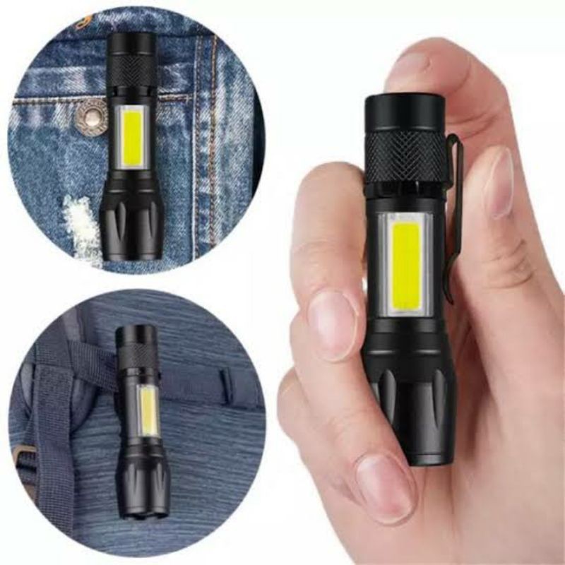 Senter LED Mini Zoom XPE Klip Alumunium XPE Tali ABS COB USB Charger Box Hijau 3 Mode Lampu