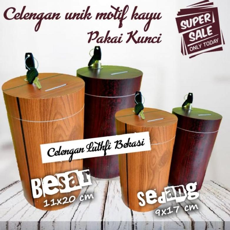 Celengan Besar Motif Serat Kayu (Pakai Kunci) - Celengan Unik Anti Penyok