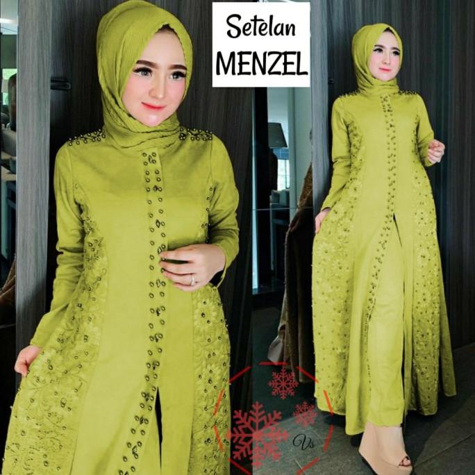 Setelan Celana Wanita Maxi Brukat Terusan Brokat Set Pesta Kekinian - Lime