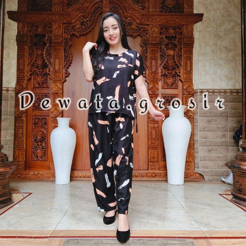BAJU WANITA PIYAMA BAJU TIDUR SETELAN ONE SET BABYDOLL RAYON SUPER KOPI BALI ROBUSTA TERLARIS-Kuas Hitam
