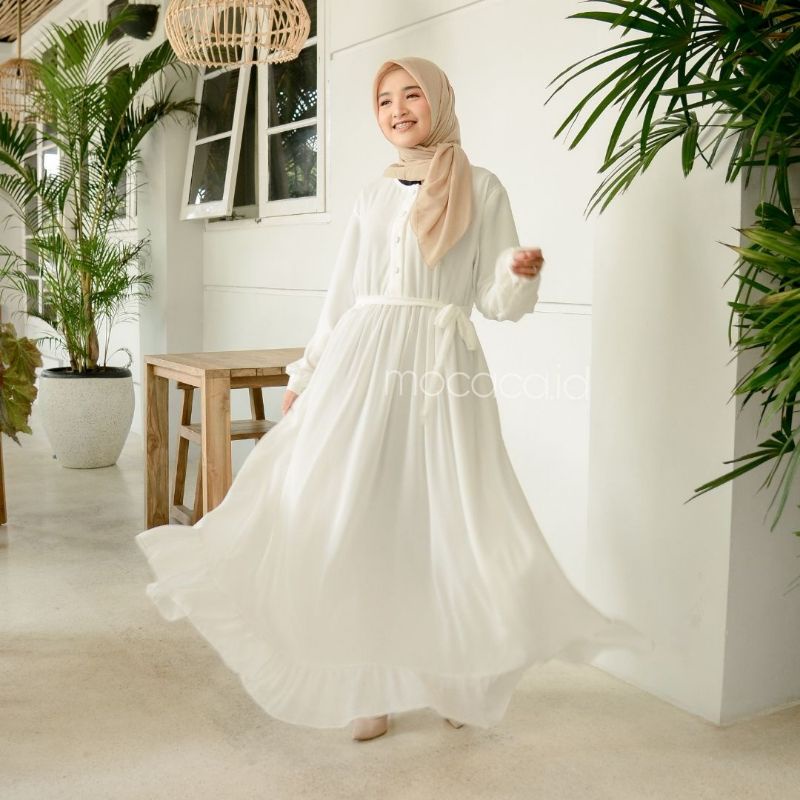 Gamis Ceruty Premiun Rosalinda Dress putih umayah untuk hari raya Full Furing Super karet belakang