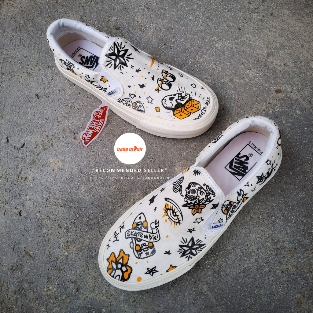 PROMO Sepatu Vans Slip On U-Color Tattoo True White Premium Import Quality, Harga Termurah, Kualitas Terbaik