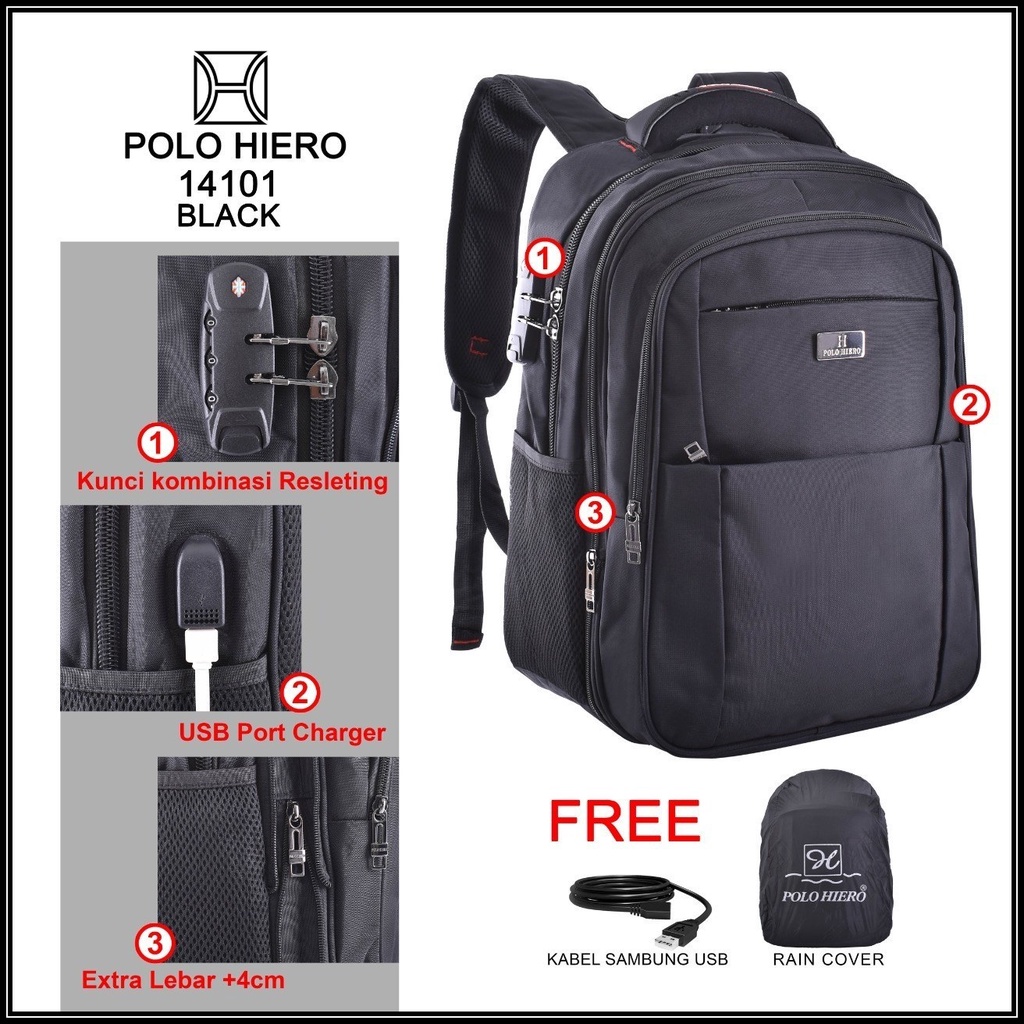 Tas Sekolah Laptop Polo Hiero 14101 Ransel Tas Punggung,[Free Kabel USB Extension, Free Rain Cover]